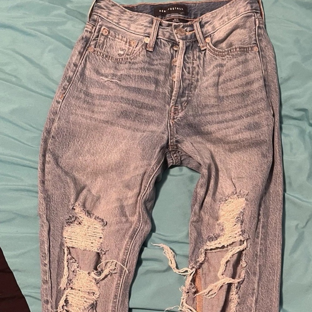 Aeropostale High Rise Baggy Jeans Womens 000 Blue Light Wash Distressed 26x31